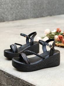 Women's Plus Size Woven Strap Slide Sandals, Open Toe, Casual Versatile Anti-Skid Thick Sole Daily Wear, Party Outfit, Comfortable Lightweight Wedge Sandals - Black - View 4