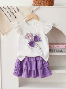 Set de 2 piezas de niña informal con blusa sin mangas con estampado de flor con moño y falda a rayas, adecuado para salidas y vacaciones de verano
