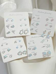 6对/套 甜美酷炫极光精致耳钉 气质耳环 女士新款蝴蝶爱情套装吊坠