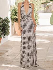 Women Long Dress, Sleeveless Halter Dress Backless Flower/Dots Print Summer Cocktail Dress - Black - View 1