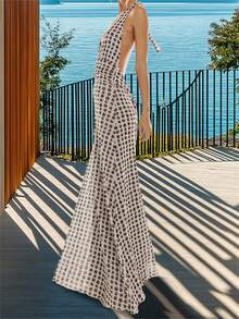 Women Long Dress, Sleeveless Halter Dress Backless Flower/Dots Print Summer Cocktail Dress - Black - View 5