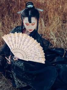 1pc Women's White Sakura Elegant Ethereal Gold Foil Lace Folding Fan, Suitable For Daily Use - White - View 2