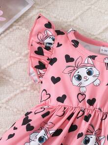 3件套女婴可爱卡通猫咪和心形图案盖袖连衣裙休闲夏装 - 粉色 - 查看 10