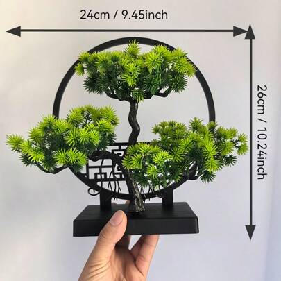 1 件逼真盆栽塑料松树盆景，带屏幕底座，鲜绿色人造植物，适用于卧室、客厅、办公桌装饰、节日装饰