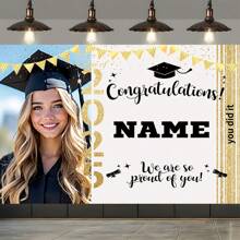 1pc Personalized 2025 Graduation Portrait & Name Custom Party Banner, Polyester Fabric, Graduation Themed Photo Background Suitable For Home, Outdoor, Yard, Classroom, Decor