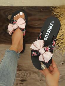 女士夏季蝴蝶结花朵拖鞋，时尚波西米亚学院风 EVA 沙滩户外拖鞋 - 粉色 - 查看 5