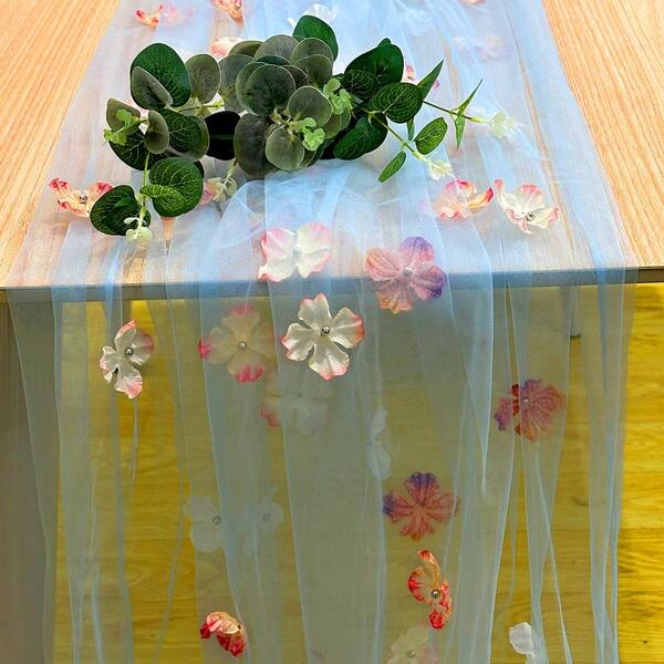1pc Ruched Table Runner, Semi-Sheer Bali Crinkle Chiffon Table Runner, Bohemian Style Polyester Table Scarf, Suitable For Wedding Table Decor, Boho Countryside Party Bridal Shower Decoration