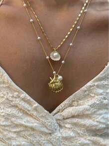 2pcs Seashell Necklace, Mermaid Pearl Necklace, Retro Ins French Style Necklace (Pearl Chain & Pearl Quantity Random)
