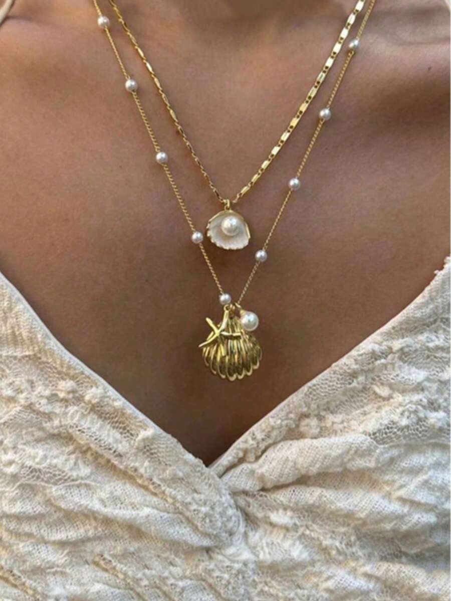 2pcs Seashell Necklace, Mermaid Pearl Necklace, Retro Ins French Style Necklace (Pearl Chain & Pearl Quantity Random)