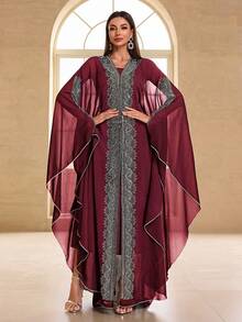 YISIKADO Women Modest Festival Dress Arabic Style Rhinestone Chiffon V-Neck 2 Pieces Set Prom Party Long Dress Turkish Style Hooded Long Sleeve Dress Kaftan Arabian Dress, Formal, Gown, For Evening, Wedding Guest - Burgundy - View 2
