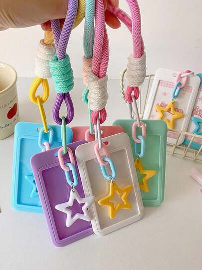 Student Candy-Colored Sliding Cover 3-Inch Card Holder, With Lanyard For Bus/Metro Card, Kids' Idol Card Display Pouch , Back To , First Day Of School