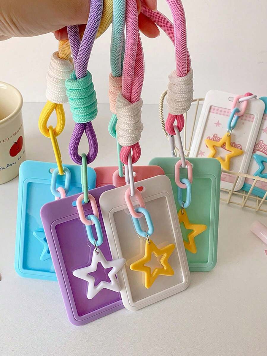 Student Candy-Colored Sliding Cover 3-Inch Card Holder, With Lanyard For Bus/Metro Card, Kids' Idol Card Display Pouch , Back To School Gifts