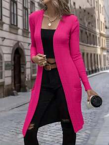 Women's Long Open Coat With Pockets Modal With Detail On The Collar And Back - Hot Pink - View 1