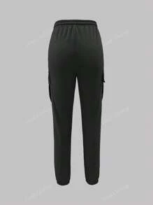 Fashion Solid Color Simple Cargo Pants With Pocket, Elastic Waist Drawstring
