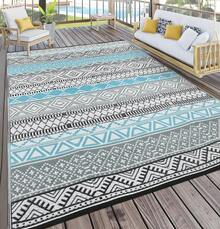 Outdoor Rug Bohemian Style Outdoor Rug Double-Sided Reversible Plastic Straw Rug Easy To Clean For Balcony Beach Deck Patio Picnic RV Camping - Blue Gray Black and White - View 1