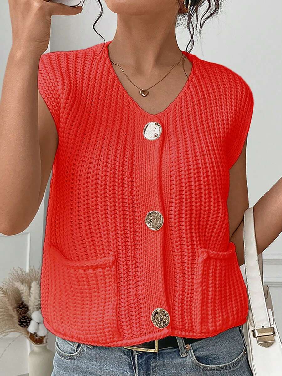 Women Knit Crew Neck Cardigan, Big Button Pocket Textured Sleeveless Sweater Vest, Spring/Summer - Red - View 1