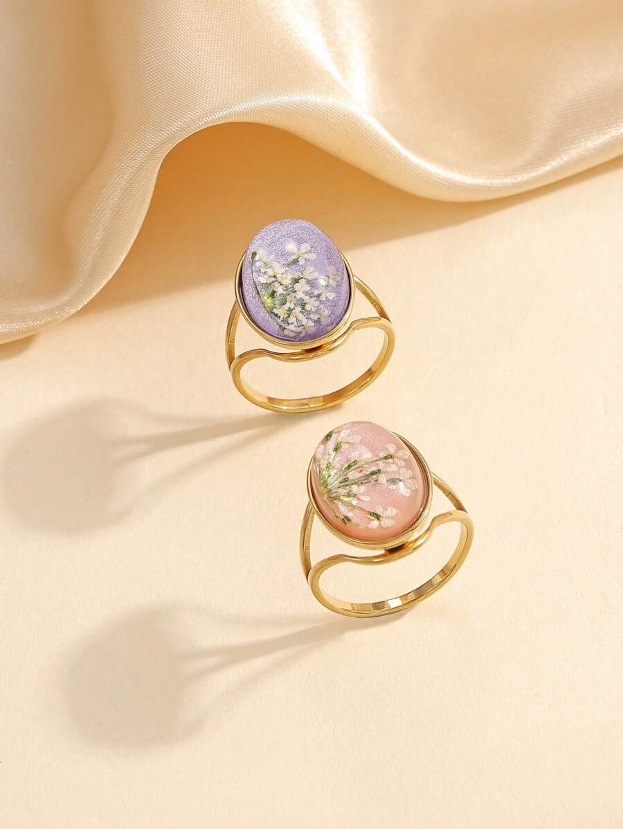 2pcs/Set Stainless Steel Fashion Elegant Golden Yellow Ring Set, Unique Natural Flower Design, Suitable For Women Everyday Wear Or Gift