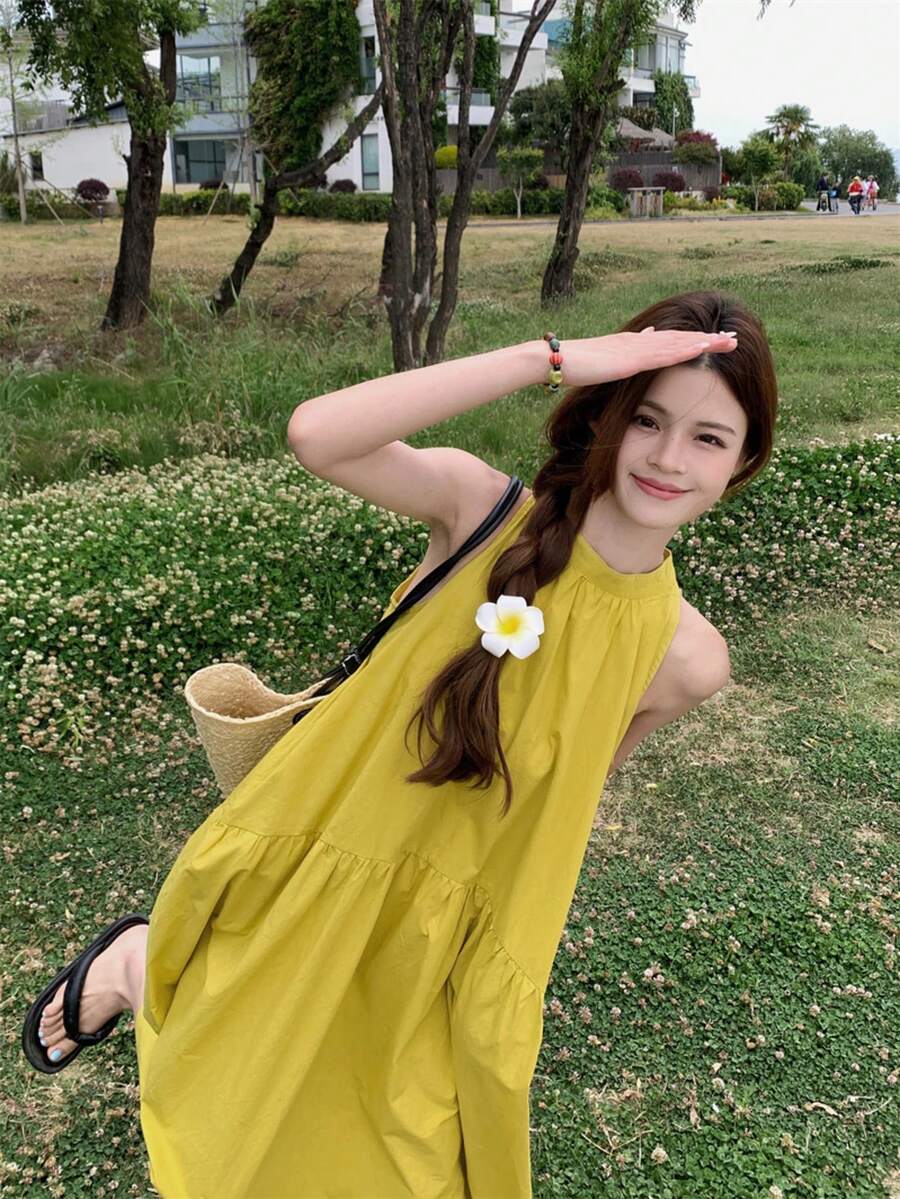 Đầm hở vai màu vàng phong cách Pháp mùa hè, dáng rộng thoải mái, thanh lịch - Màu vàng - Xem 1