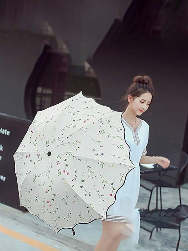 1 pieza Paraguas plegable con 4 colores de flores, parasol grueso con protección UV, de doble uso para lluvia y sol, para refrescarse en verano, playa y viajes