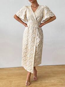 Women's Elegant Jacquard Crossover V-Neck Ruffle Sleeve Deconstructed Dress - Khaki - View 6
