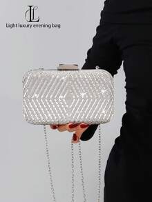 1pc Glamorous Sparkling Rhinestone Women Evening Clutch Bag, Luxurious Diamond Crystal Handbag, High-End Versatile Shoulder Crossbody Bag With Detachable Metal Chain, Suitable For Wedding, Party, Banquet, Formal Occasions, Dress Match, Holiday Gift - Silver - View 3