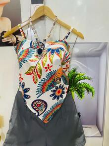 One Size Shirt Set With Tie At The Back And Print, Shorts With Zipper And No Pocket - Gris - Ver 3
