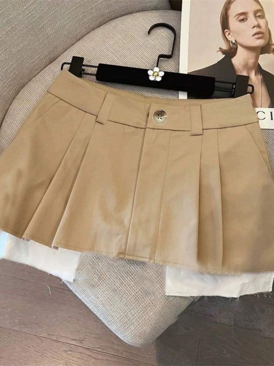 Colorblock Apricot Mini Pleated Skirt, Cute Back To School Style, Spring/Summer - Khaki - View 1