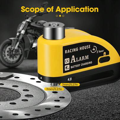 Gelbe Alarm Disc Lock Wiederaufladbare Motorrad Scheibenbremse Lock Alarm 110dB mit 1.5m Erinnerungskabel Verstärktes wasserdichtes High Security Scheibenbremsschloss für Motorrad, Fahrrad, Roller, E-Bike