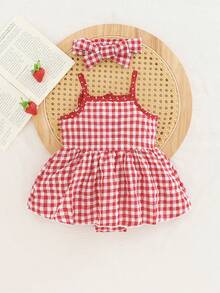 2 Pieces Baby Girl Summer Red Plaid Bodysuit With Straps, Sleeveless Bowknot Strawberry Embroidery Bodysuit & Headband Set - Red - View 2