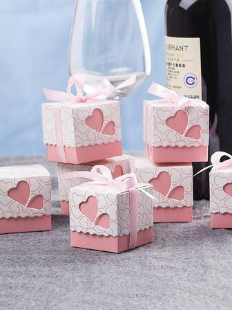 10/20pcs Pink Small Heart Design Gift Boxes With Ribbons For Wedding BabyShower Birthday Favor Boxes