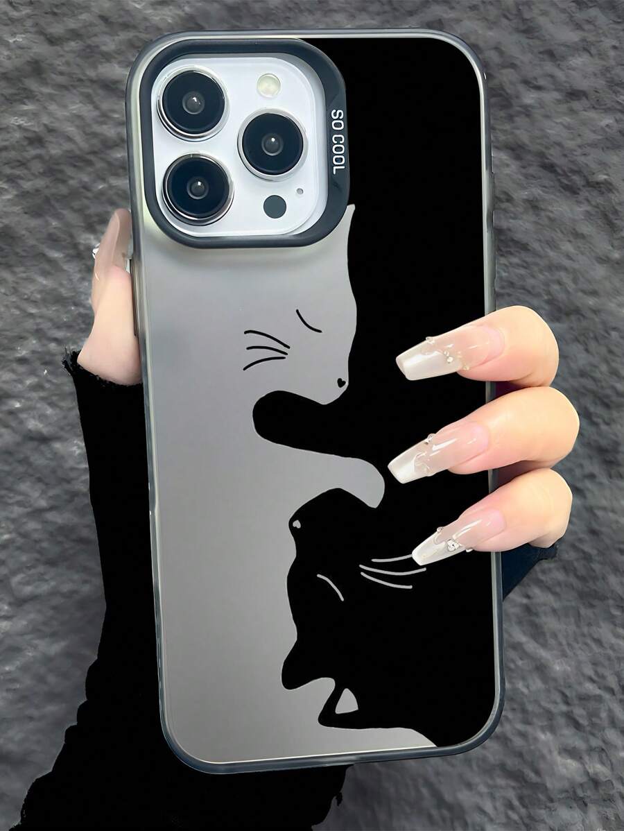 1pc Minimalist Black & White Cat Pattern Matte Tactile Soft Touch Independent Button + Camera Hole + Matte Anti-Slip Anti-Drop IMD Phone Case Compatible With Apple & Phones