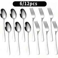6pcs/12pcs Stainless Steel Silverware Set, Heavy Duty Forks And Spoons, Salad Forks And Spoons, Suitable For Restaurants, Hotels, Parties, Christmas, Thanksgiving, Picnics,School Supplies