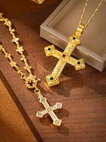 1pc Women's Fashion European Copper Plated 18K Gold Multicolor Zirconia Flower Cross Pendant Necklace, Suitable For Gifts, Parties And Daily Wear, Velvet Bag Packaging
