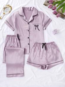 3pcs/Set Women Solid & Bow Print Pocket Short Sleeve Top & Shorts & Pants Pajama Set, Suitable For Spring, Summer - Mauve Purple - View 1
