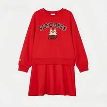 Skechers 女童时尚字母印花圆领长袖运动休闲连衣裙，春季 - 紅色 - 查看 1