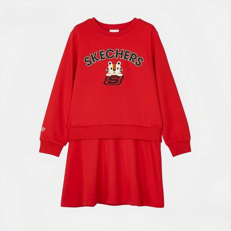 Skechers 女童时尚字母印花圆领长袖运动休闲连衣裙，春季 - 紅色 - 查看 1