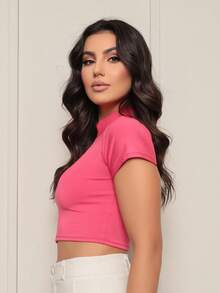 SUPLEX SHORT SLEEVE ZIPPER CROPPED TOP Simple Casual Cute Zipper - Màu Hồng Tươi - Xem 4