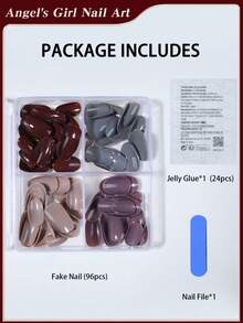 96Pcs/Box (4Mixed ) Short Oval Brown Colors Tip Press On Nails Short Acrylic Nail Tips Full Cover False Nail ,Contain 1Pc Jelly Glue And 1Pc Nail File,With Storage Box As For Suitable For Women And Girls Daily Life And Party Use Nail Supplies Nails