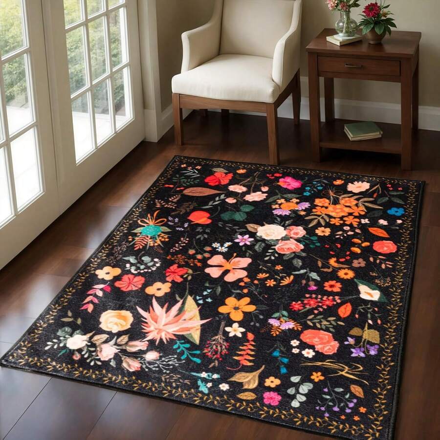 Area Rug For Living Room, Low Pile Non Slip Floral Printing Carpet, Washable Rug For Bedroom Dining Room Playroom Office - 黑色 - 查看 1
