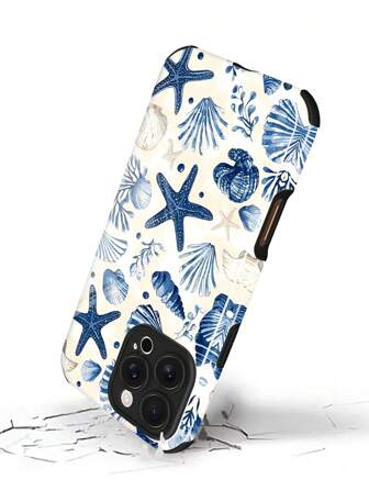 1pc New Design Romantic Ocean Theme Seashell & Starfish Pattern Shockproof Anti-Drop Soft TPU + PC 2-In-1 Material Phone Case Compatible With Apple 16/16Plus/16Pro/16ProMax Waterproof Scratch Resistant