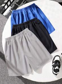 3pcs Boys' Summer Casual Striped Print Shorts Set, Quick-Dry Breathable Athletic Baseball Style Shorts, Suitable For Sports, Play, Casual School Outfits
