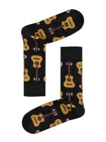 1 Pair Guitar Printed Mid-Calf Socks, All Season - Multicolor - View 1