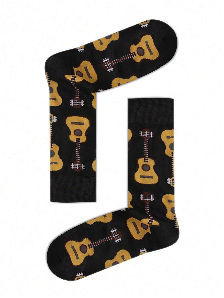 1 Pair Guitar Printed Mid-Calf Socks, All Season - Multicolor - View 1