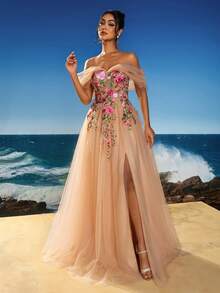 Anymoon Women's High Waist Long Evening Dress With Ruffle Detail On Chest, Formal, Party Dress, Gown, For Wedding Guest - Apricot - View 4