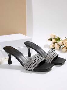 Women's Faux Leather Strap Slip-On Sandals, New Summer Fashion Thick Heeled Korean Style High Heel Outdoor Slippers, Black, Suitable For Street, Party, Commute, Business