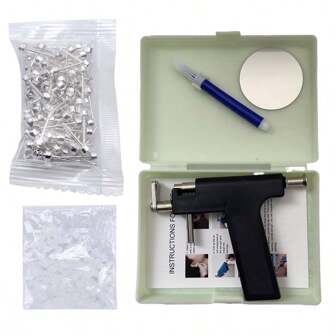 Kit profesional de perforación de orejas reutilizable con 100 piezas de pendientes de plata plateada