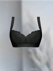 Black Lace Comfortable Pleated Versatile Women's Bra With Wide Straps, Suitable For All Seasons - Black - View 11