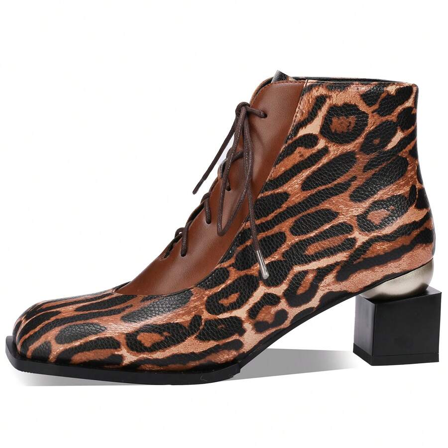 TDD Leopard Print Boots For Women Square Toe Lace Up Ankle Wide Calf Booties Botas Para Mujer Leather Chunky Block Dress Warm Lined Cowboy Cowgirl Ladies 2 Inch High Heels