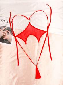 Women's One-Piece Plain Micro-Transparent Chain Sexy Bodysuit - Red - View 8