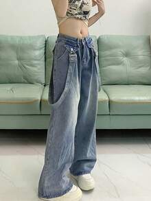 Quần Jeans Ống Rộng Lưng Cao Cổ Điển Niche Có Thể Tháo Rời Có Dây Đeo, Ôm Sát - Màu xanh lam - Xem 5